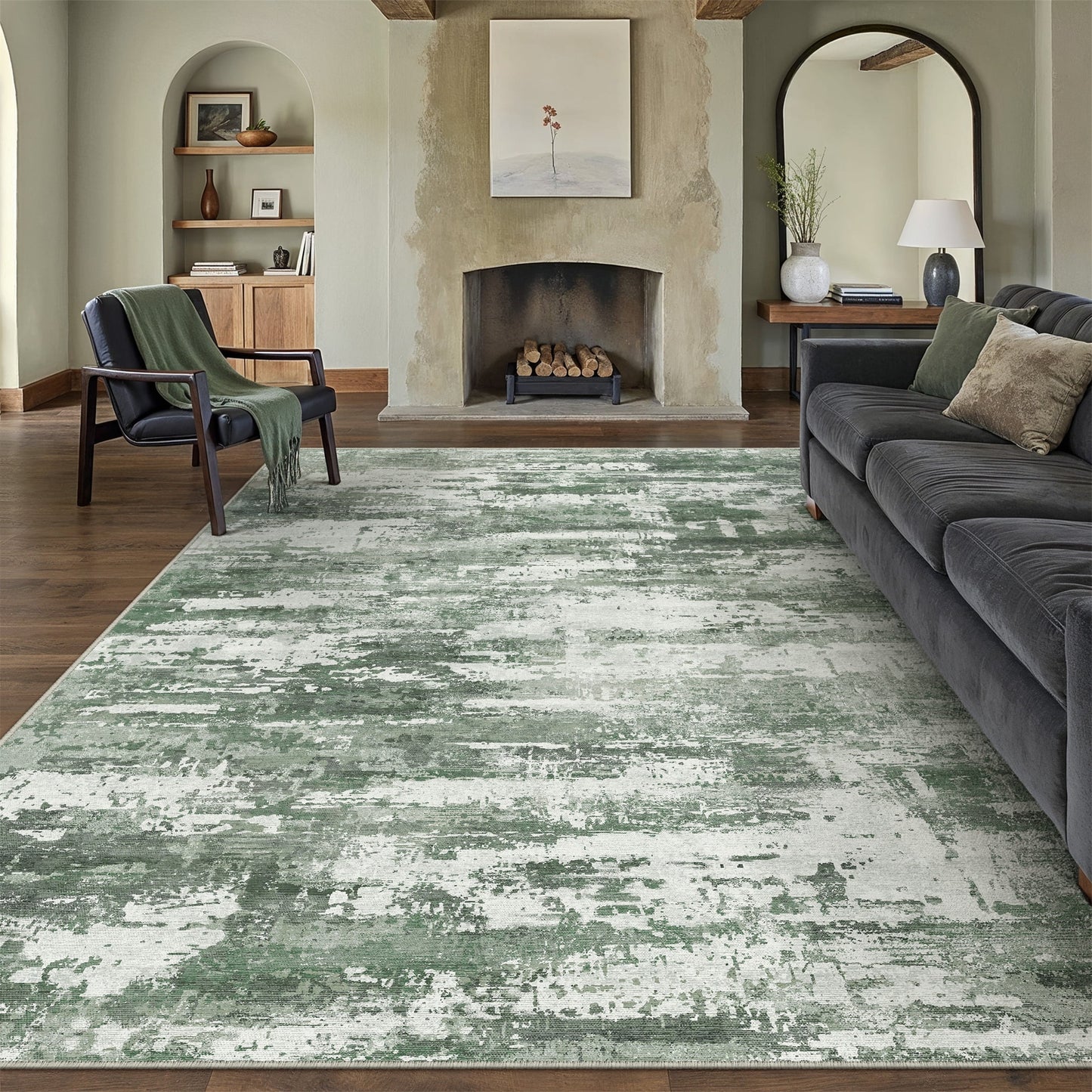 Washable Rugs 5'X7' Area Rugs for Living Room Bedroom Kitchen Rugs Non Slip Abstract Green Modern Dorm Office Farmhouse Dining Room Contemporary Throw Rugs