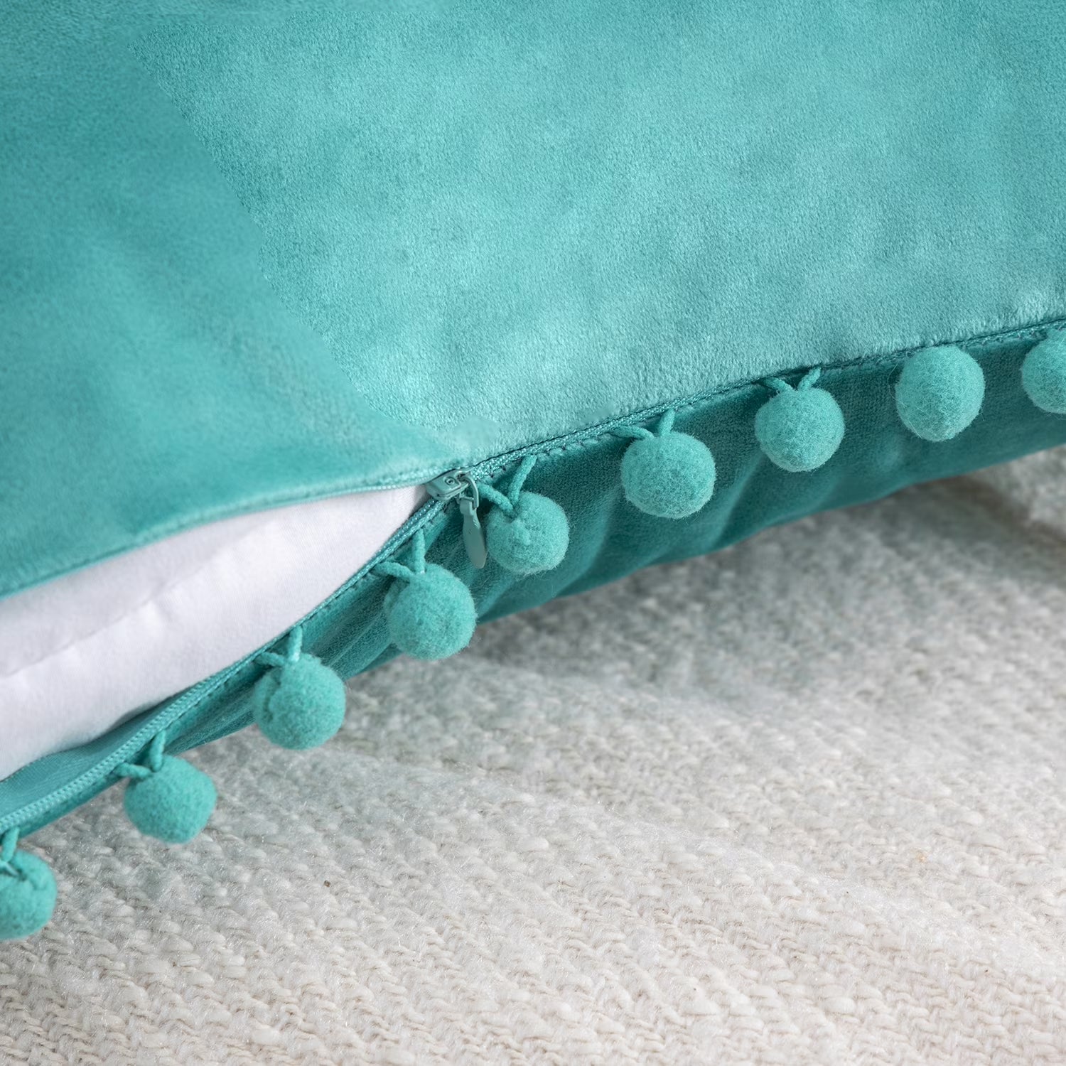 Throw Pillow with Insert，Silky Velvet Series Pom Pom Decorative Pillow, 20" X 20", Turquoise, 2 Pack