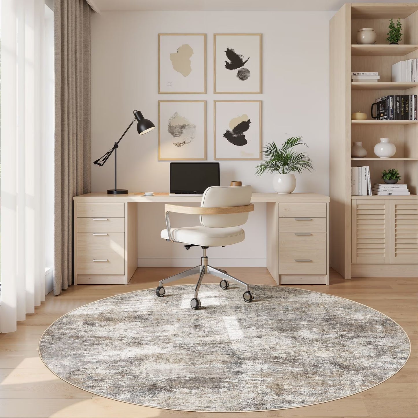 5'X5' round Washable Area Rugs for Living Room, Modern Abstract Printed Rug, Vacuum-Friendly, Non Slip Indoor Rug for Bedroom Entryway Home Decor Carpet, Gold Brown