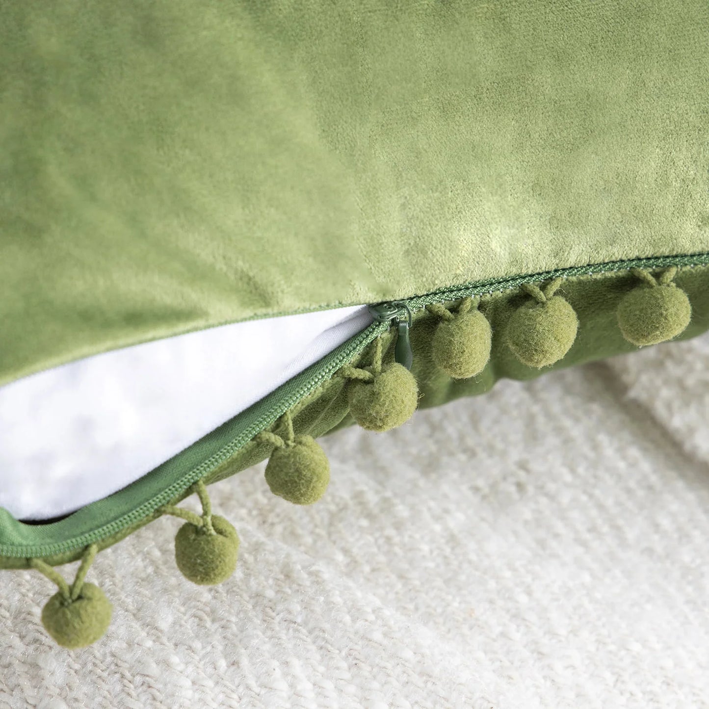 Throw Pillow with Insert，Silky Velvet Series Pom Pom Decorative Pillow, 20" X 20", Green, 2 Pack