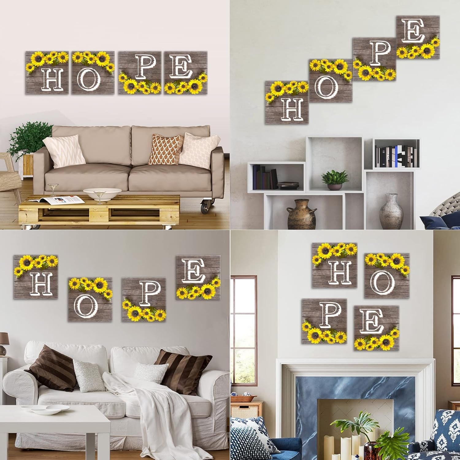 Hope Sign Sunflower Wall Art for Living Room Bathroom Decor Wall Art Set, Kitchen Wall Art Farmhouse Wall Art, 4 Piece Motivational Canvas Wall Art Prints Pictures for Bedroom Wall Decor