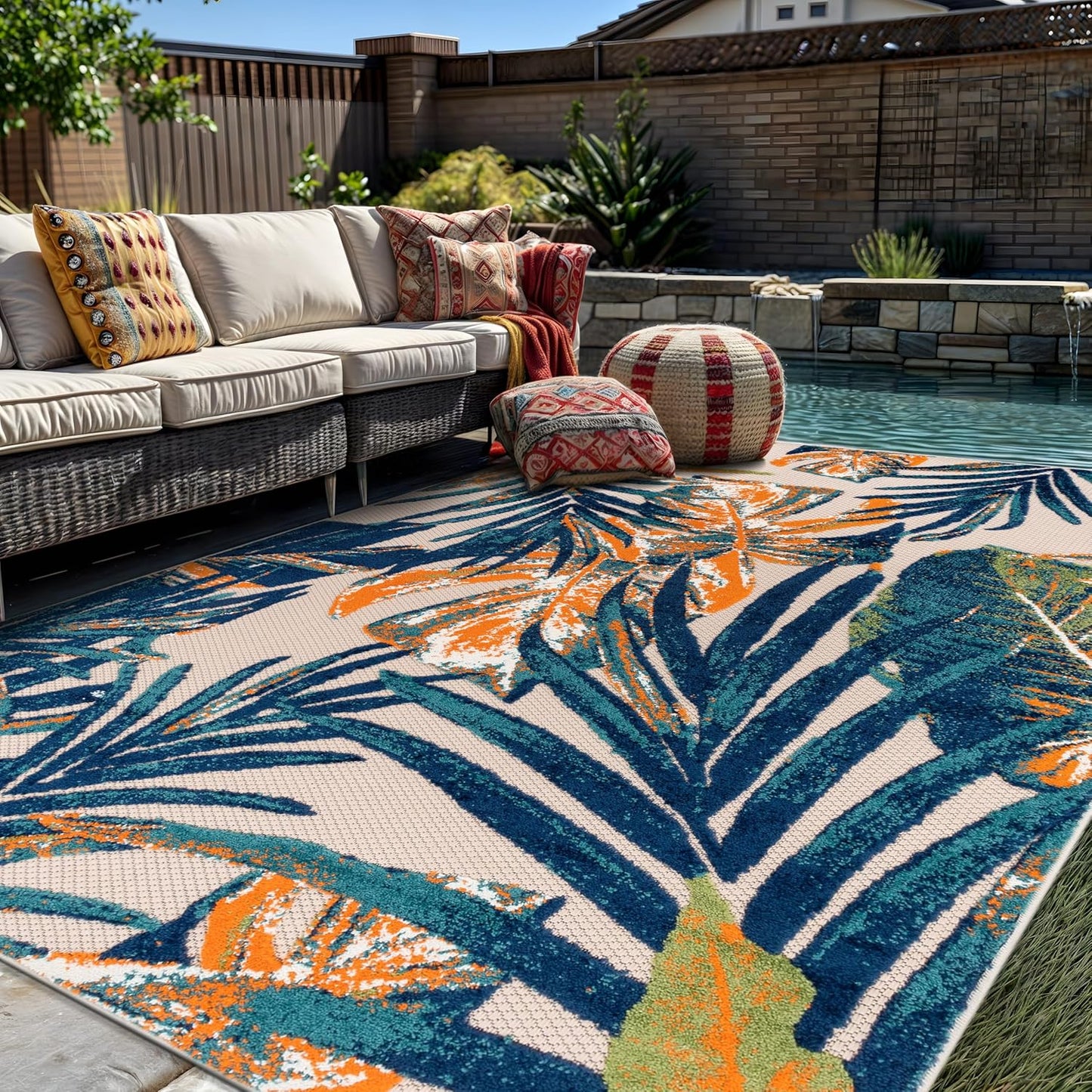 Tropical Floral Leaves Indoor/Outdoor Area Rug Durable Polypropylene, Non-Shedding, Easy to Clean, Perfect for Patio, Backyard, Deck and Outdoor Lounge, High Traffic Areas, 7'10" X 10'