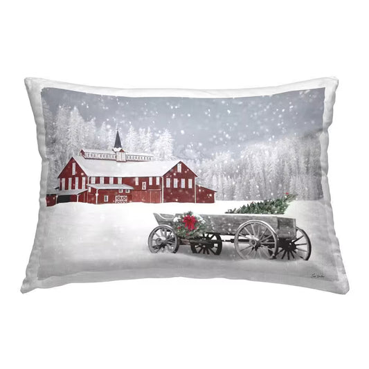 Seasonal Snowy Wagon Red Print Polyester 14 In. X 20 In. Throw Pillow