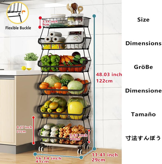 Kitchen Storage Baskets Black Iron Wire Storage Bins with Wheels and Feet, Stackable Vegetable Storage Baskets (6-Tier Baskets)