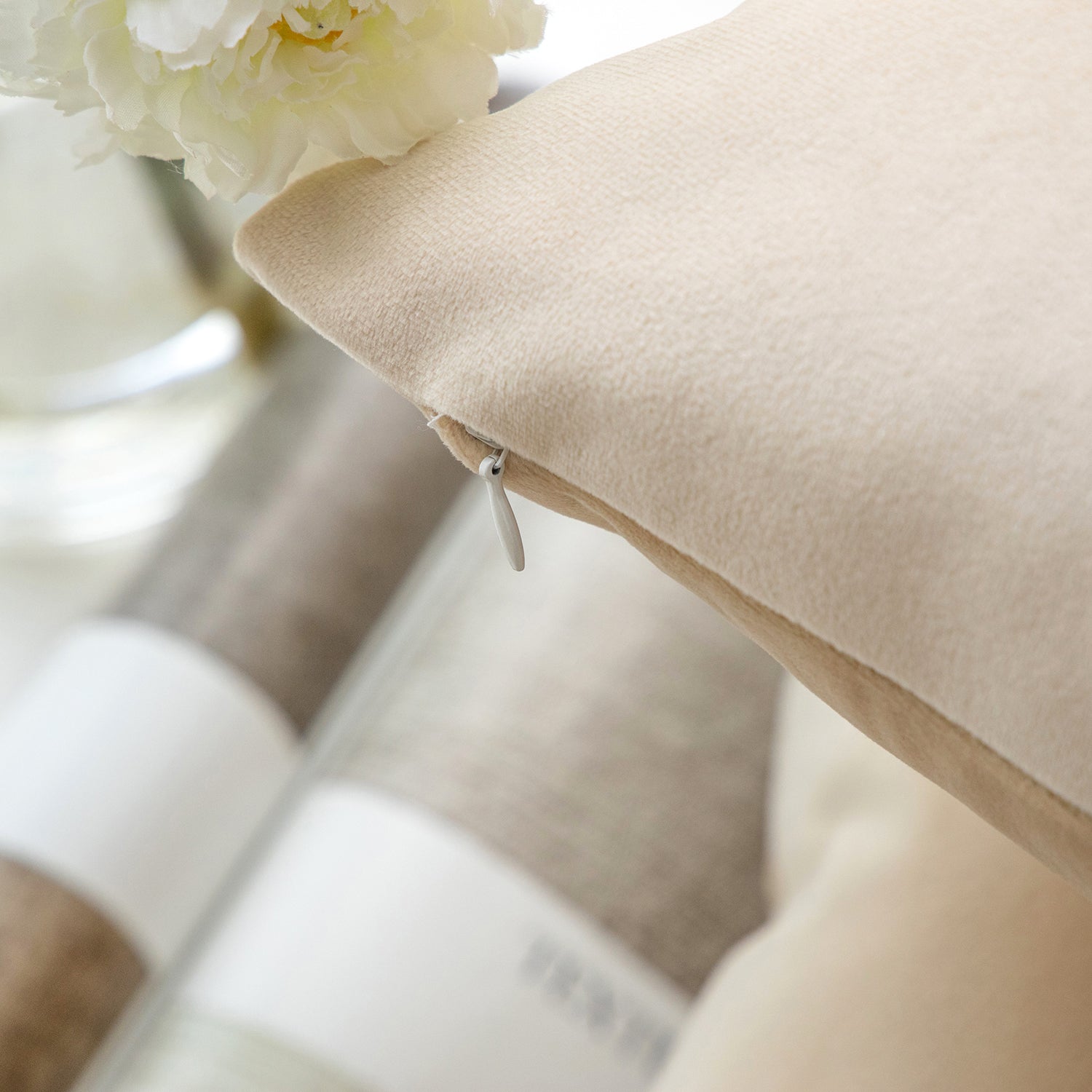 Soft Solid Square Velvet Decorative Throw Pillow Cover for Couch and Sofa, 18" X 18", Beige, 2 Pack