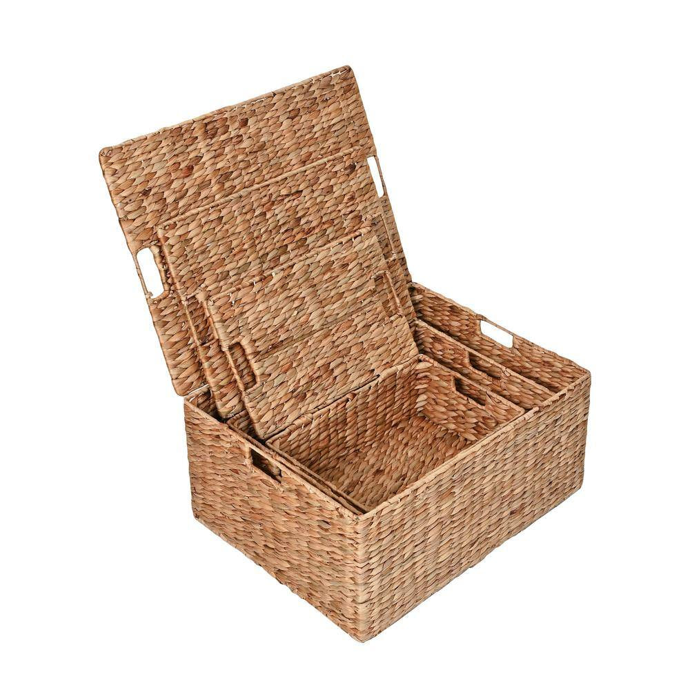 Brooks Classic Farmhouse Metal/Hyacinth Rectangular Storage Decorative Baskets with Lids and Handles, Natural (Set of 3)