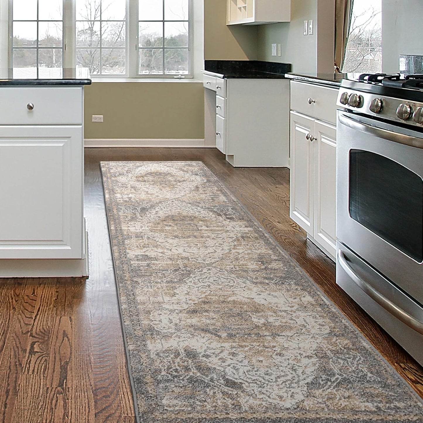 Distressed Traditional Indoor/Outdoor Runner Rug 2' X 7' Beige