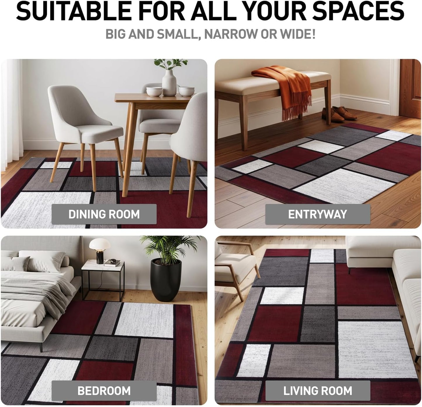 Modern Geometric Boxes Red Area Rug, Carpet with Jute Backing for Hallway, Entryway, or Laundry Room, 2' X 7'2"