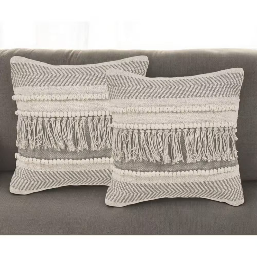 Beige Striped Polyester 20 In. X 20 In. Throw Pillow Set of 2