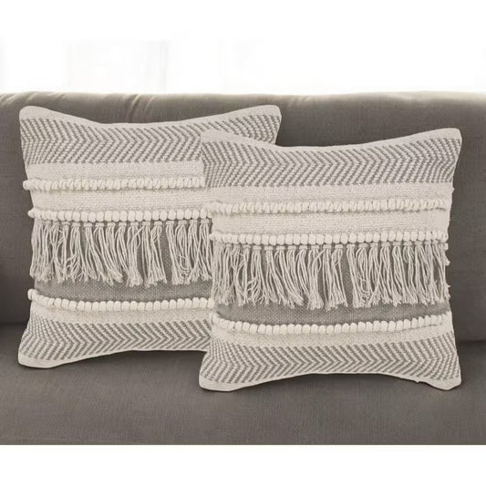 Beige Striped Polyester 20 In. X 20 In. Throw Pillow Set of 2