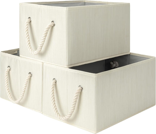Storage Baskets for Shelves, Fabric Storage Bins, Closet Organization and Storage Basket, Foldable Organizer Bins for Clothes, Beige, White & Ivory, Large, 3-Pack
