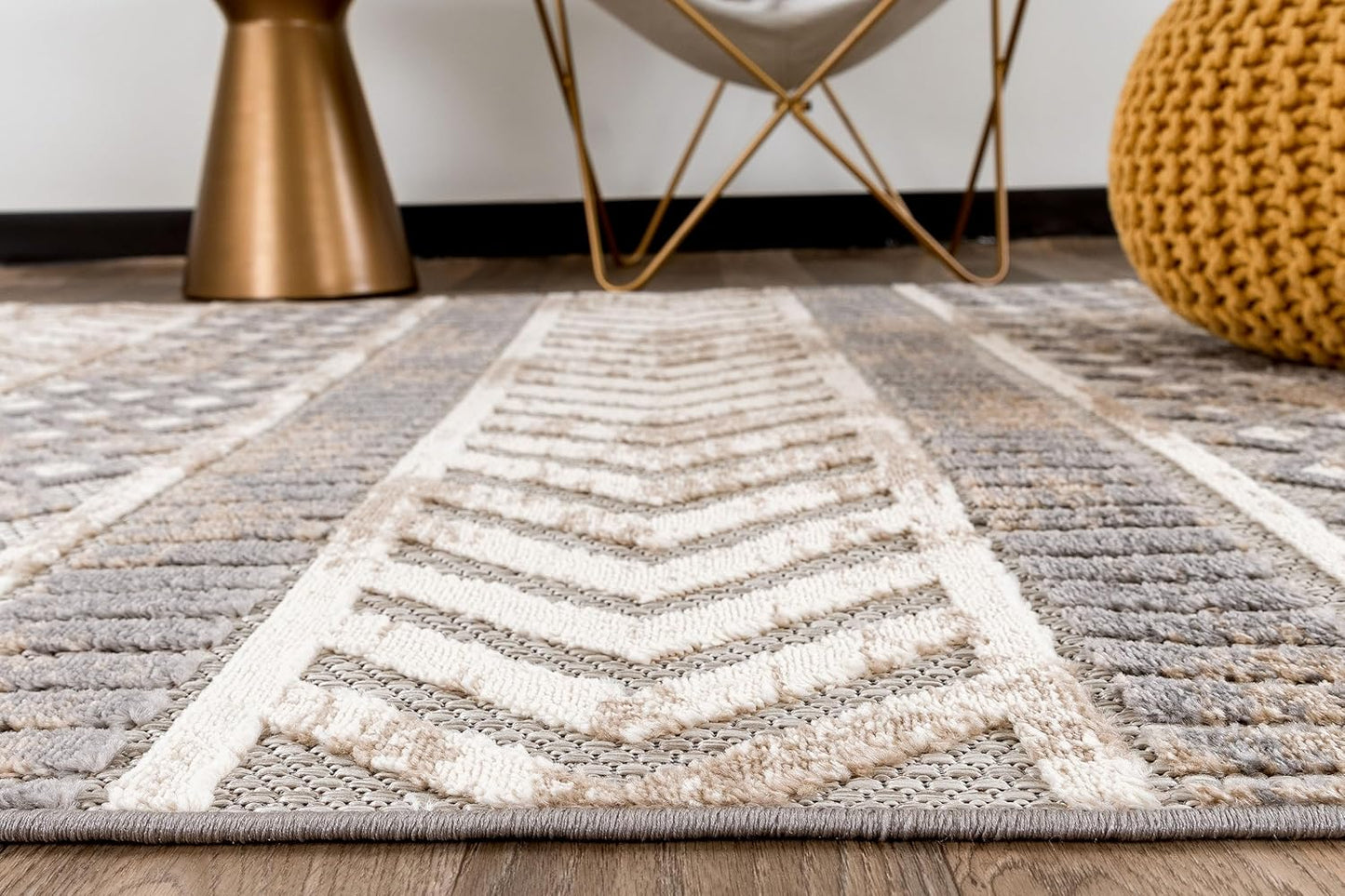 Distressed Geometric Indoor/Outdoor Beige Area Rug Modern Tribal Stripe, Durable Stain Resistant Perfect for Patio, Backyard, Deck and Outdoor Lounge 7'10" X 10'
