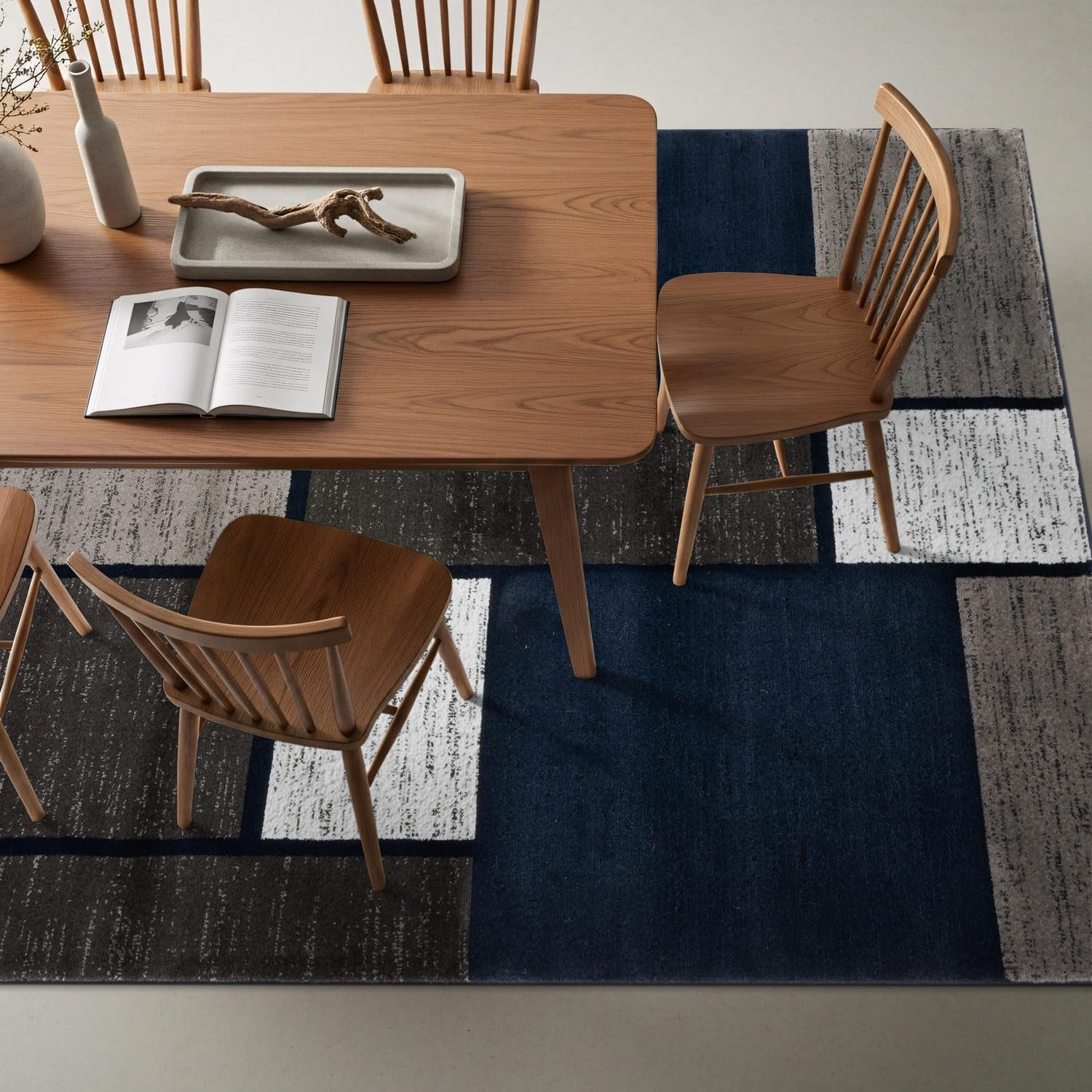 Modern Geometric Boxes Navy Area Rug, Non-Shedding Carpet for Living Room, Bedroom, or Dining Room, 5'3" X 7'3"