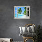 Tropical Palm Beach Wall Art Coastal Ocean Bathroom Pictures Wall Decor 3D Window Canvas Prints Framed Modern Seascape Landscape Painting Artwork for Living Room Hotel Kitchen Offic 16"X12"