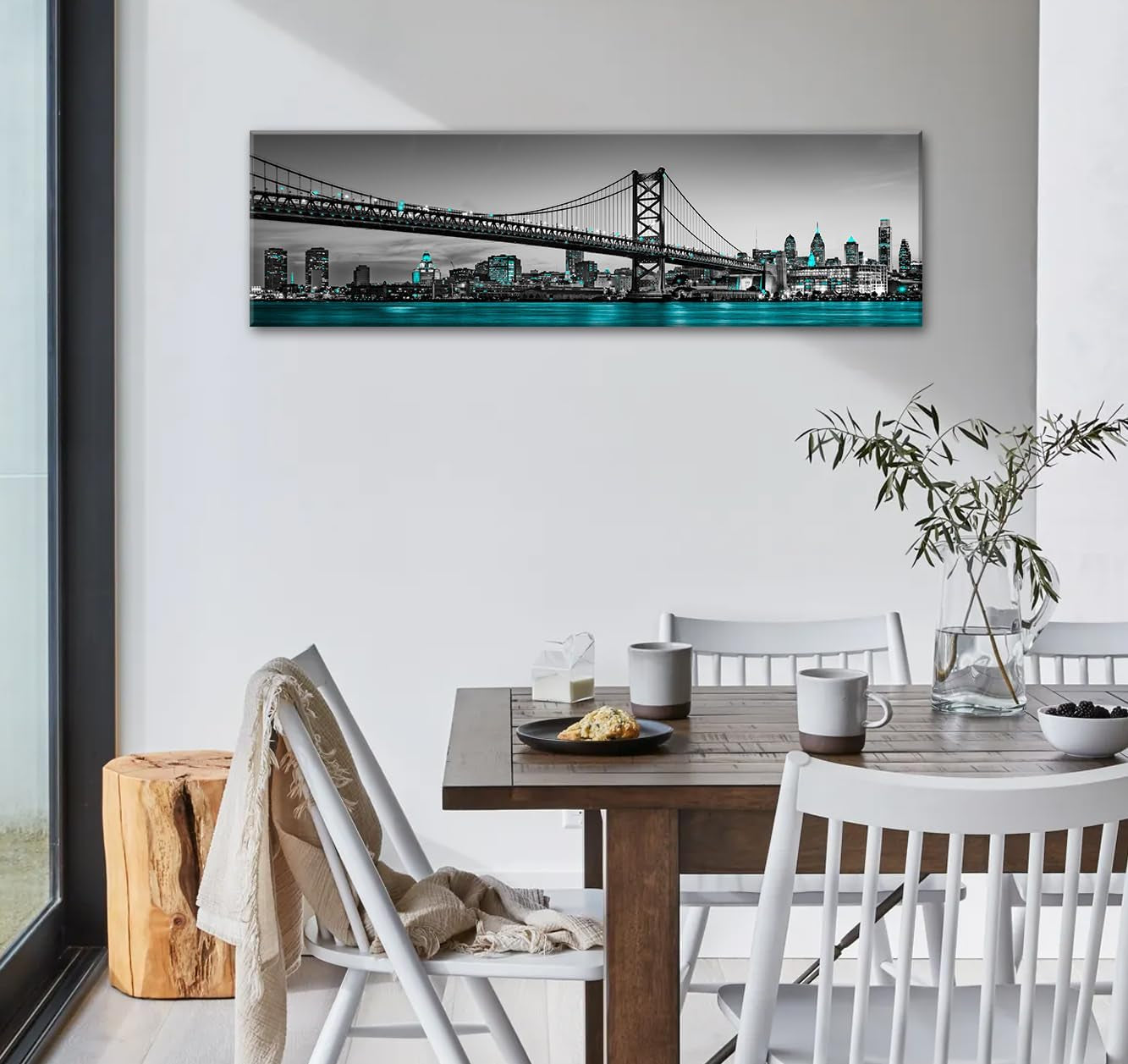 Philadelphia Skyline City Canvas Wall Art Decor Framed 14"X48" Black and White Aqua Green Teal Panorama Cityscape Pictures Artwork Painting Poster for Bedroom Office Decoration Stretch