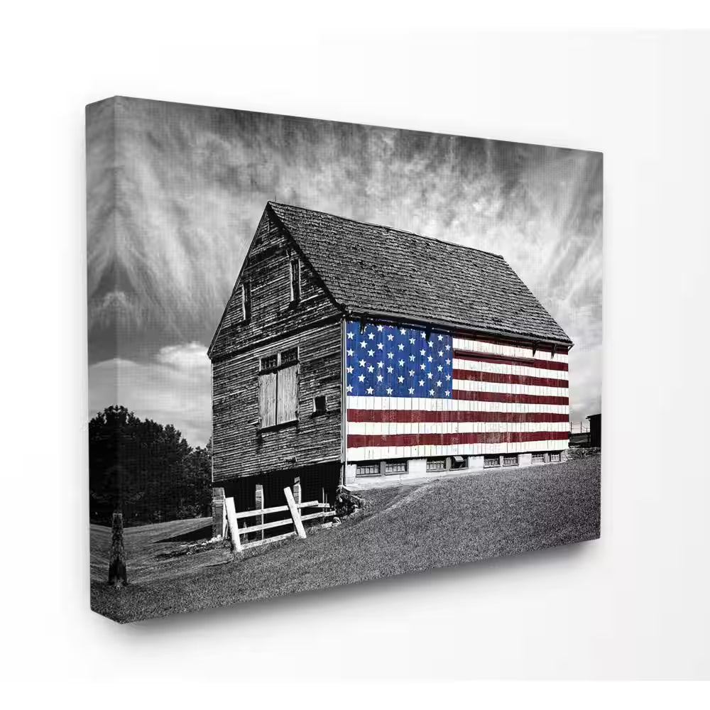 24 In. X 30 In. "Black and White Farmhouse Barn American Flag" by James Mcloughlin Canvas Wall Art