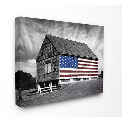 24 In. X 30 In. "Black and White Farmhouse Barn American Flag" by James Mcloughlin Canvas Wall Art