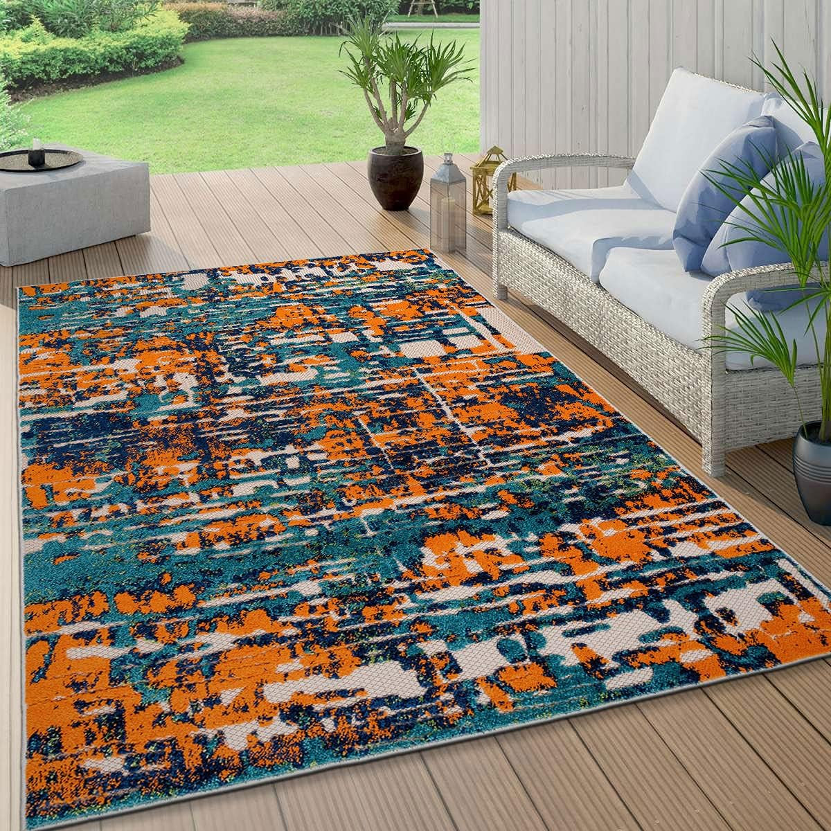 Contemporary Distressed Abstract Indoor/Outdoor Area Rug 5' X 7' Multi