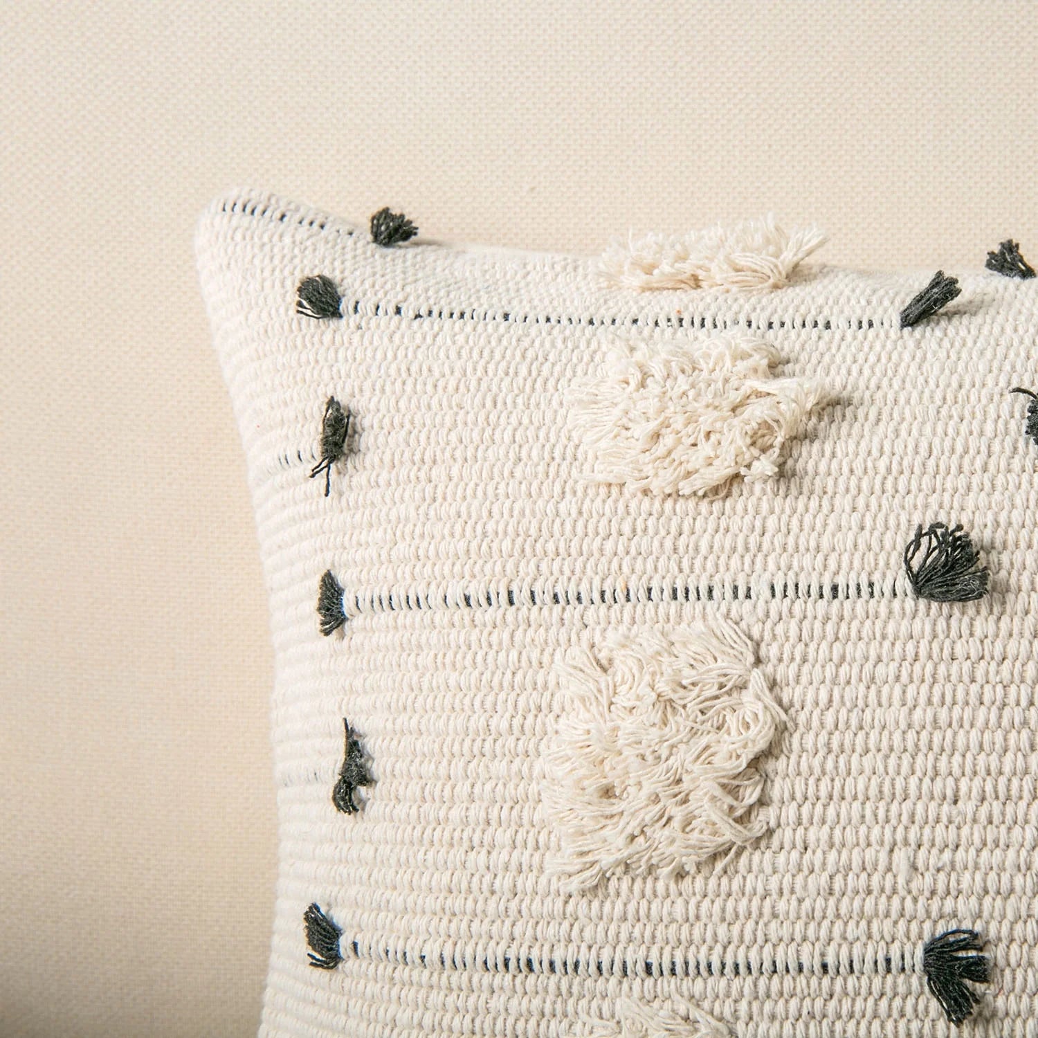 Boho Woven Tufted Series Decorative Throw Pillow Cover, 18" X 18", Beige with Black Dot, 1 Pack