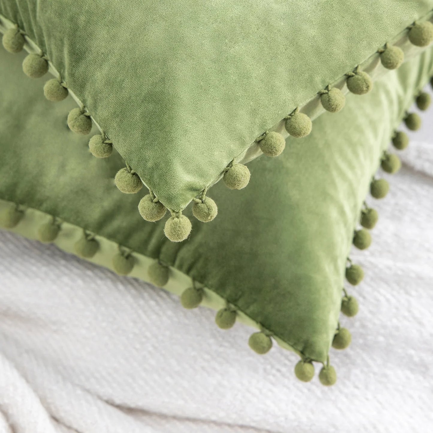 Throw Pillow with Insert，Silky Velvet Series Pom Pom Decorative Pillow, 20" X 20", Green, 2 Pack