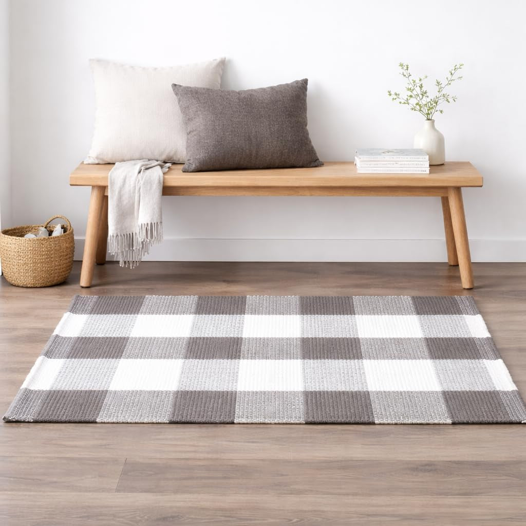 Rug Buffalo Plaid Area Rug 24X36 Inch (2X3), Charcoal & White, Reversible Cotton Woven Farmhouse Rug for Living Room, Kitchen, Entryway, Bathroom