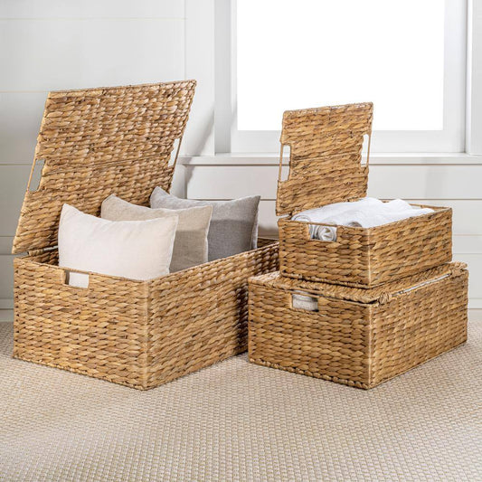 Brooks Classic Farmhouse Metal/Hyacinth Rectangular Storage Decorative Baskets with Lids and Handles, Natural (Set of 3)