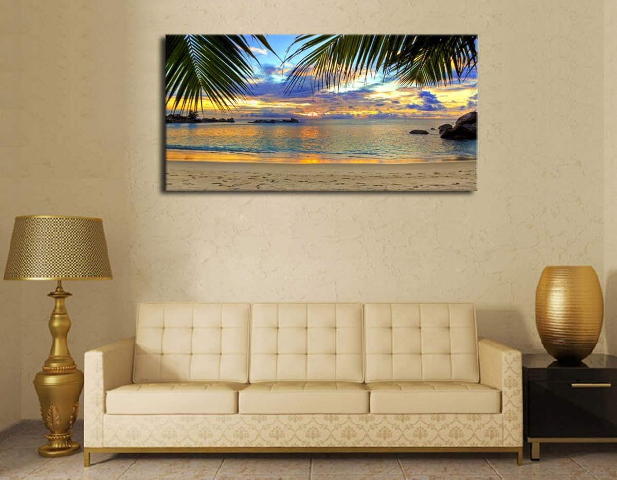 Tropic Beach Sunset Canvas Art - Large Palm Tree Ocean Landscape 29" X 58