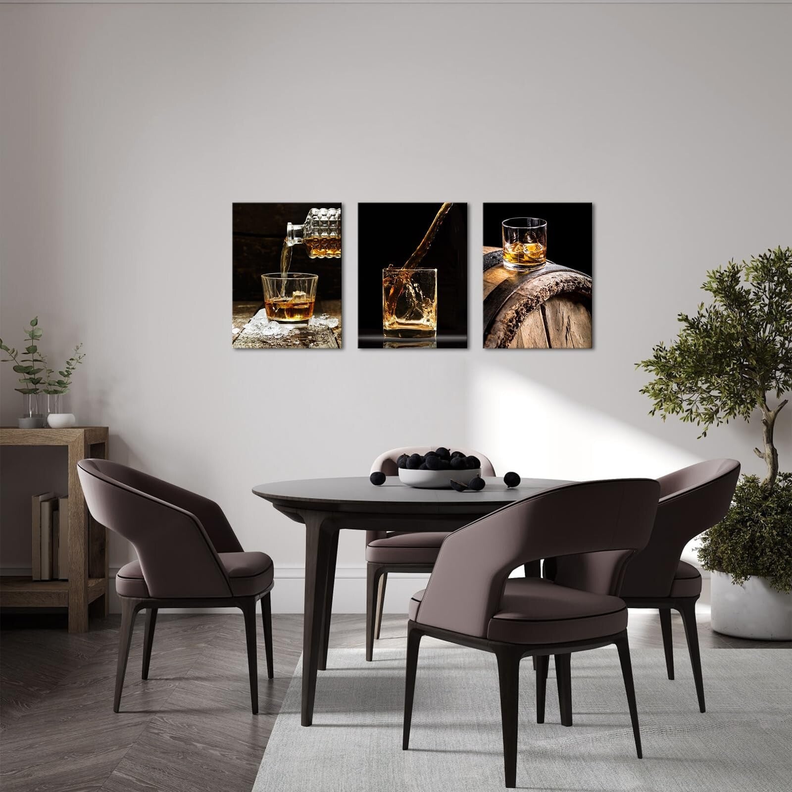 VANSEEING 3 Piece Canvas Prints Wall Art Whisky Pour into Wine Glass Brown Ba...