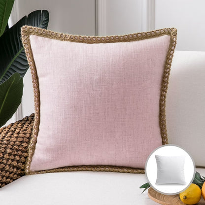 Linen Trimmed Farmhouse Series Decorative Throw Pillow, 20" X 20", Pink, 1 Pack