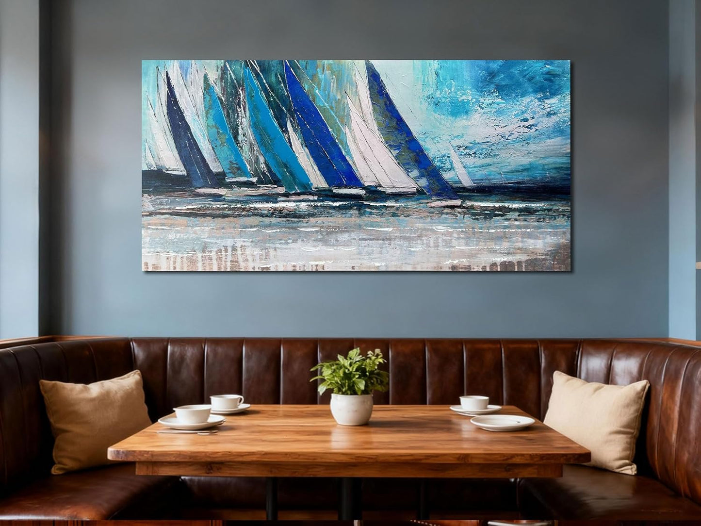 Blue Abstract Wall Art Canvas for Living Room, Nautical Art Wall Decor Teal Sailboat Textured Bedroom Picture Modern Coastal Painting Large Framed Artwork Home Office 48"X24"