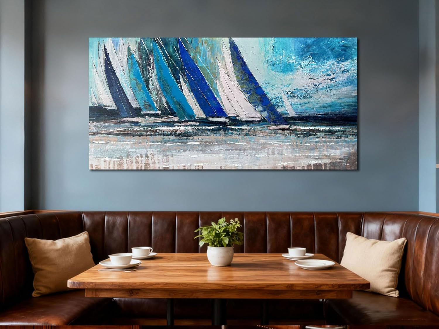 Blue Abstract Wall Art Canvas for Living Room, Nautical Art Wall Decor Teal Sailboat Textured Bedroom Picture Modern Coastal Painting Large Framed Artwork Home Office 48"X24"