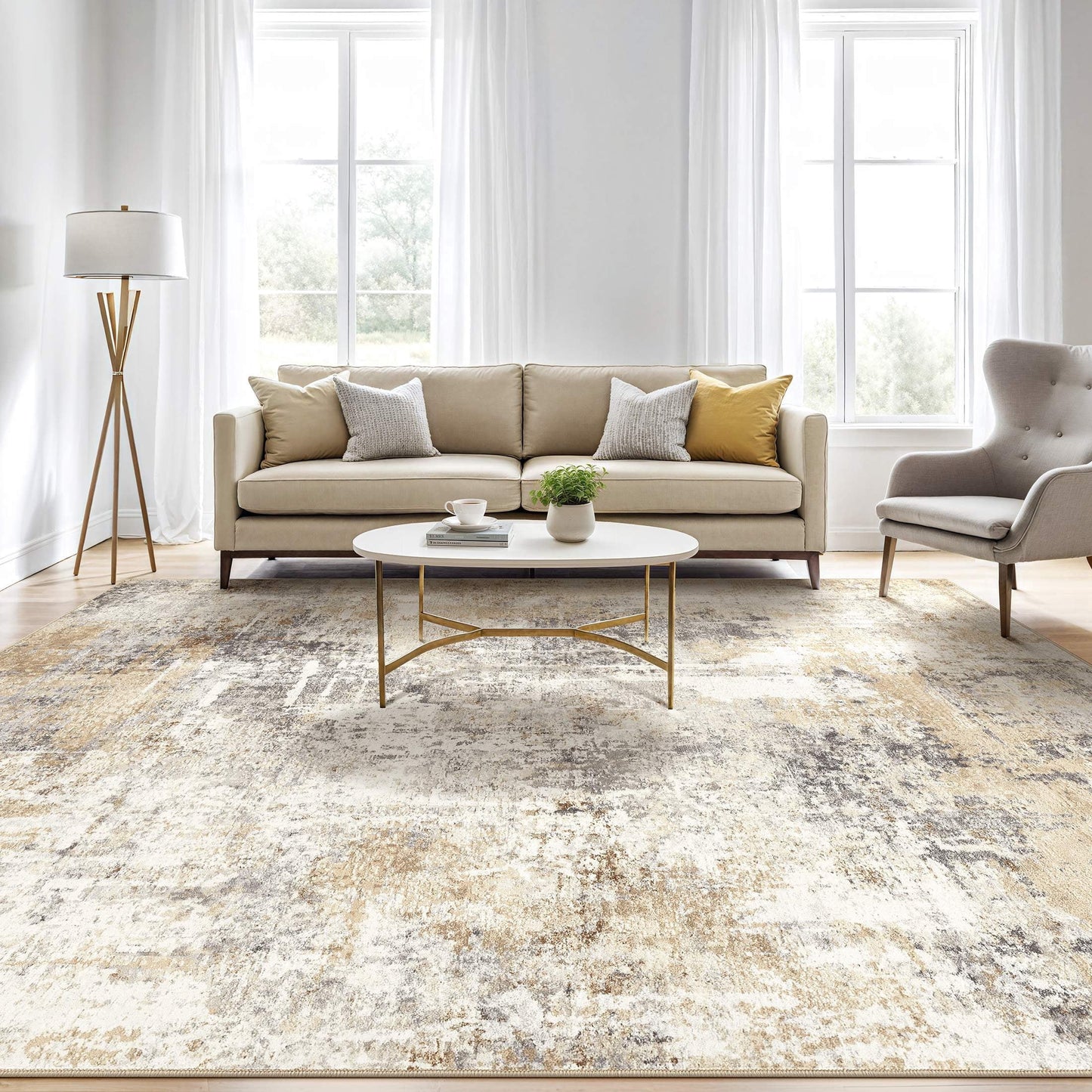 8'X10' Washable Area Rugs for Living Room, Modern Abstract Printed Carpet, Non Slip Indoor Rug for Bedroom Home Decor Carpets, Grey Gold