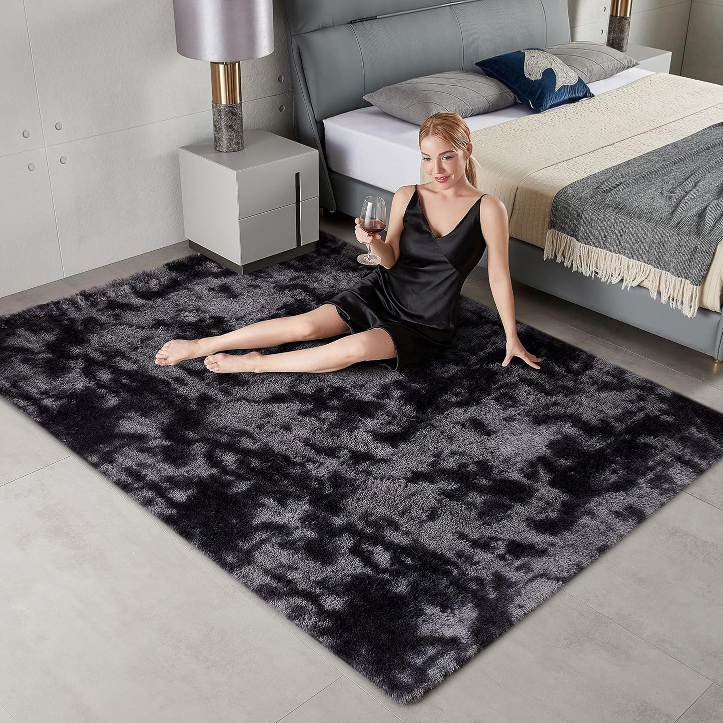 Shag Ultra Soft Area Rug, Non-Skid Fluffy 6'X9' Tie-Dyed Grey&Blue Fuzzy Indoor Large Faux Fur Rugs for Living Room Bedroom Nursery Decor Furry Carpets Kids Playroom