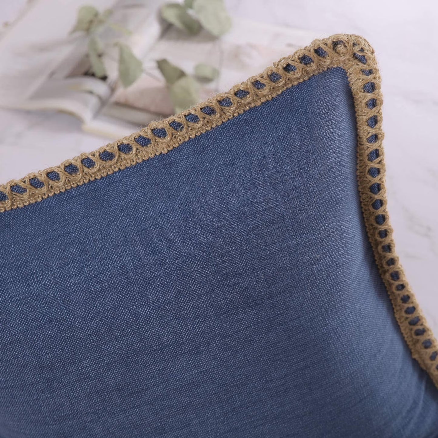Linen Trimmed Farmhouse Series Decorative Throw Pillow, 20" X 20", Blue, 1 Pack