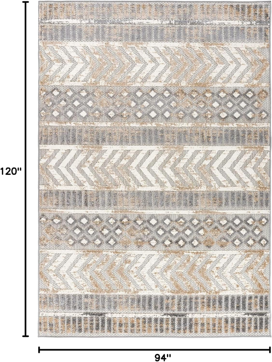 Distressed Geometric Indoor/Outdoor Beige Area Rug Modern Tribal Stripe, Durable Stain Resistant Perfect for Patio, Backyard, Deck and Outdoor Lounge 7'10" X 10'