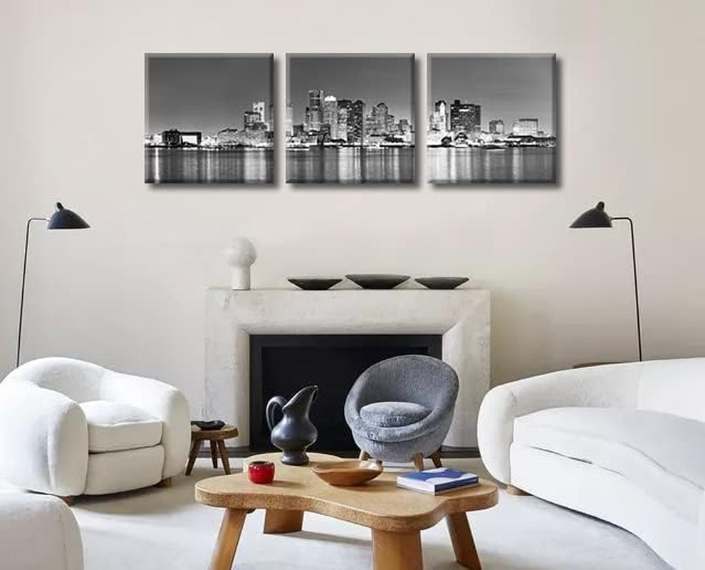 Boston Skyline Canvas Wall Art, Black and White City Night Scene Art Prints, Framed Panoramic Cityscape Pictures, Modern Living Room Bedroom Office Decor, Set of 3 (16X16 Inch)