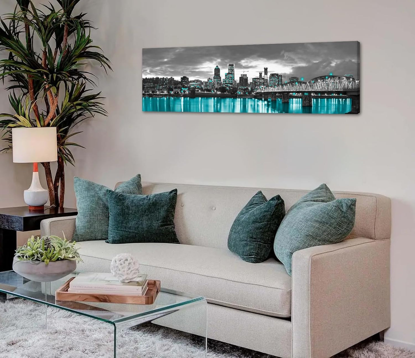 Framed Black White Cityscape Canvas Print, Modern Wall Art for Living Room, Bedroom & Office Decor, Portland Oregon Skyline Picture, Large Wall Decor 14X48 Inches