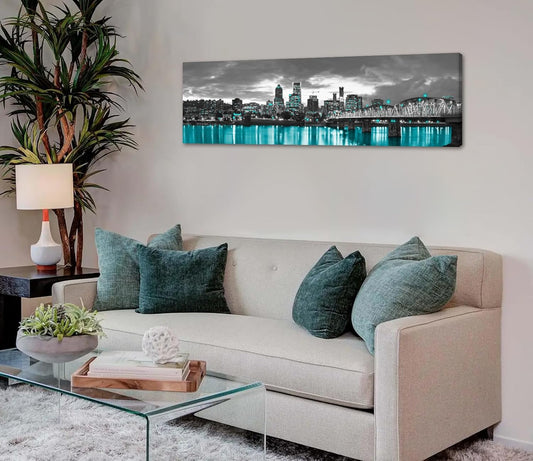 Framed Black White Cityscape Canvas Print, Modern Wall Art for Living Room, Bedroom & Office Decor, Portland Oregon Skyline Picture, Large Wall Decor 14X48 Inches