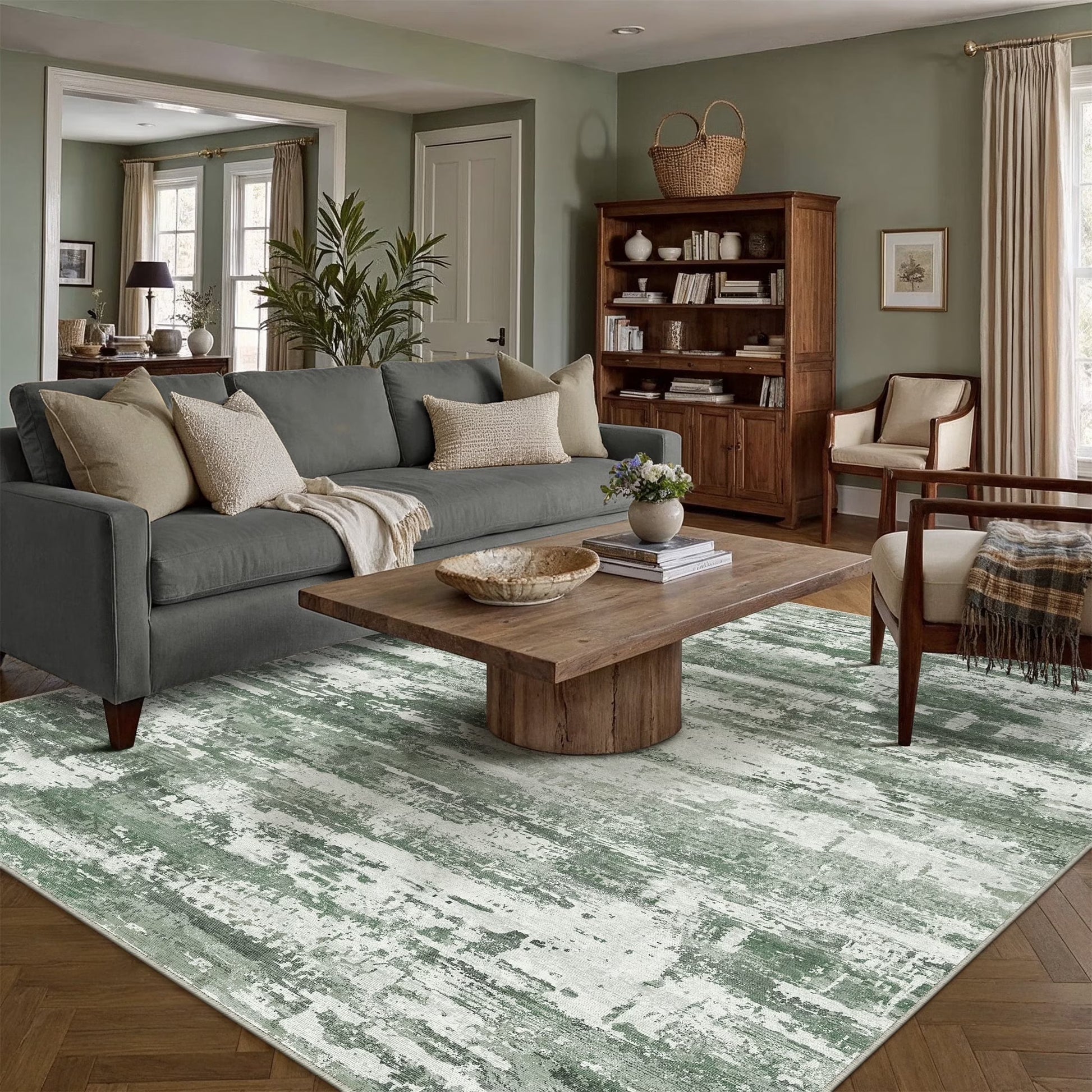 Washable Rugs 5'X7' Area Rugs for Living Room Bedroom Kitchen Rugs Non Slip Abstract Green Modern Dorm Office Farmhouse Dining Room Contemporary Throw Rugs