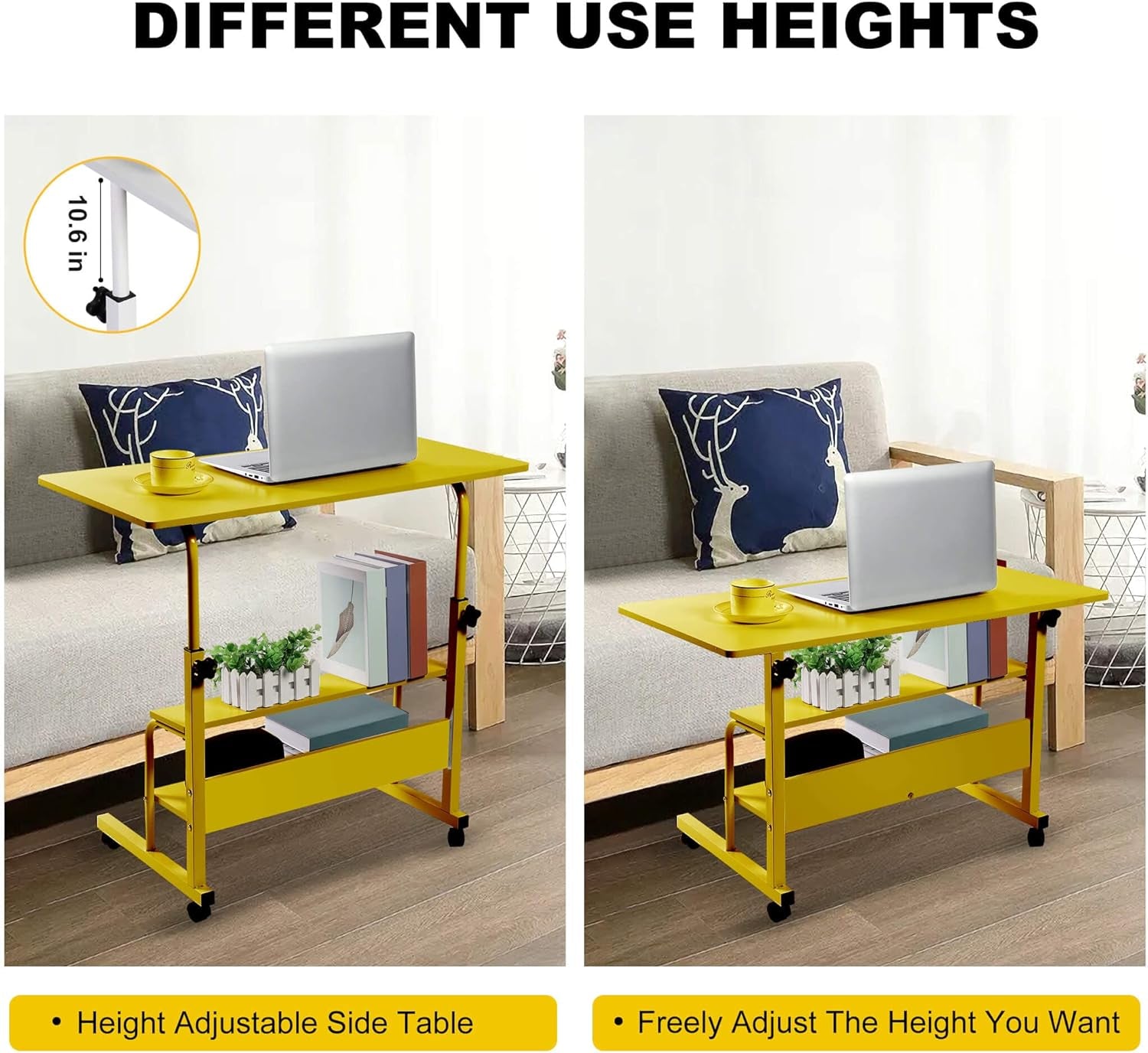 Small Desks for Small Spaces Rolling Adjustable Heigh Desk Portable Desk for Laptop Mobile Bedside Table with Storage Rack Small Spaces Desk Movable Home Office Desk Size 15.7 * 31.5 Inch Pink