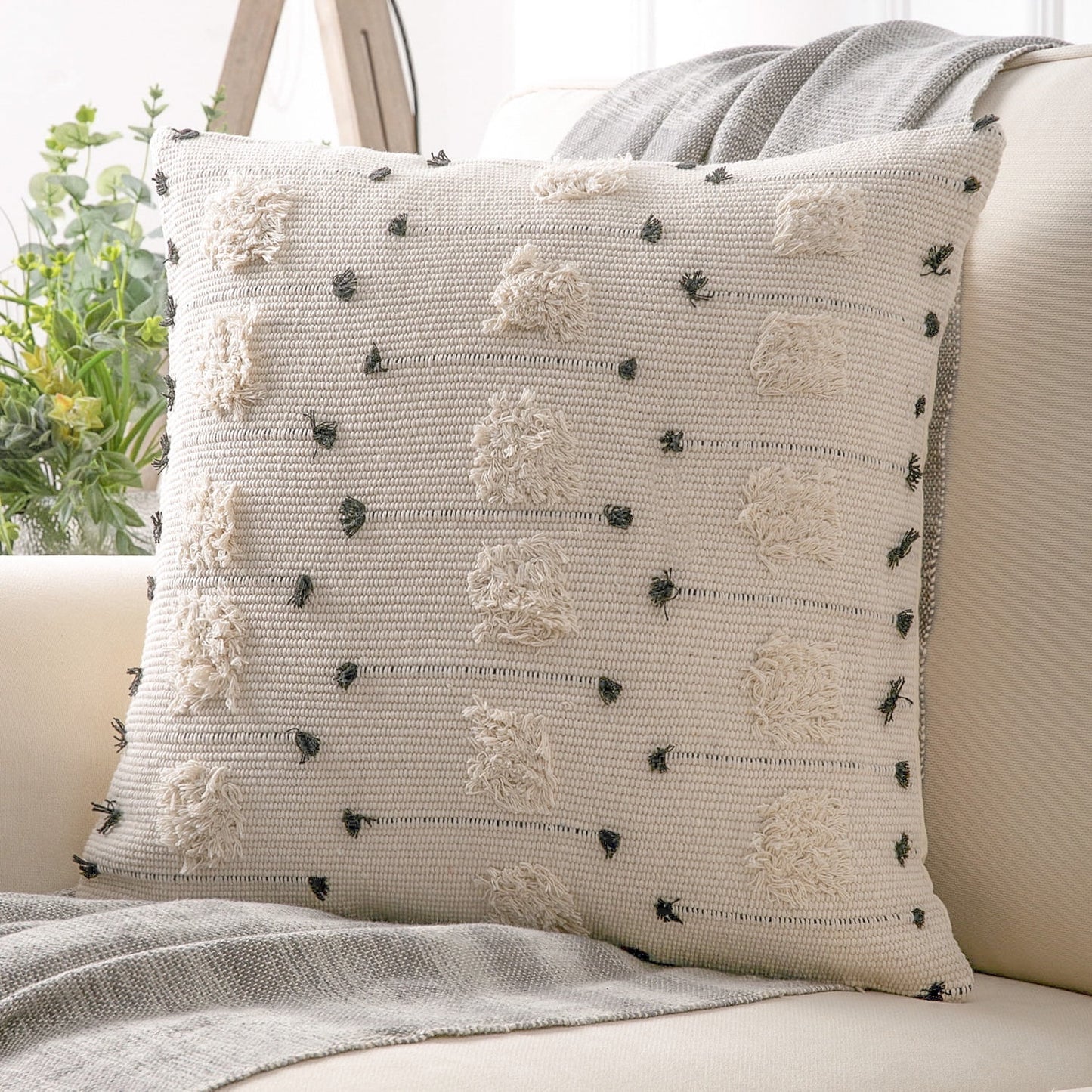 Boho Woven Tufted Series Decorative Throw Pillow Cover, 18" X 18", Beige with Black Dot, 1 Pack
