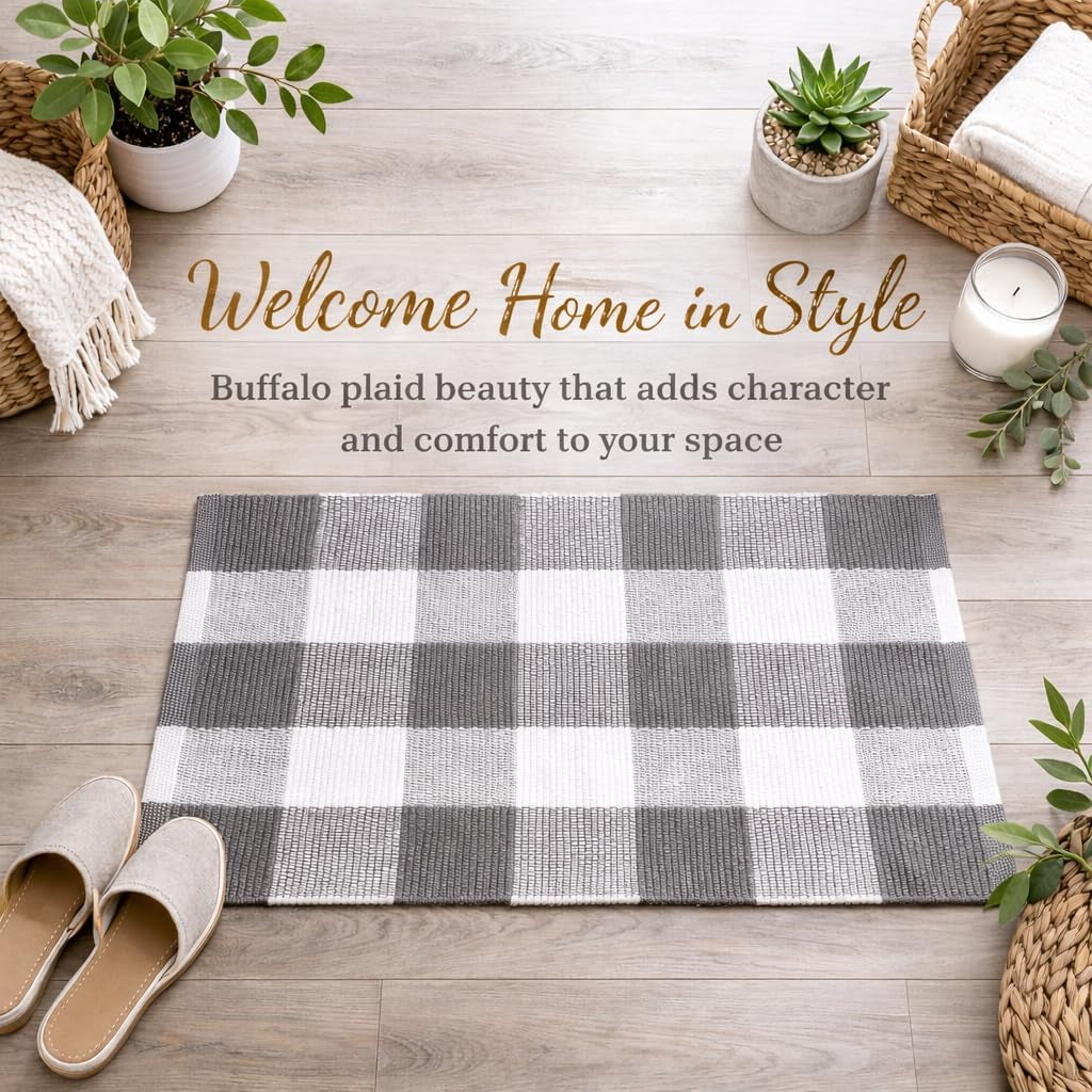 Rug Buffalo Plaid Area Rug 24X36 Inch (2X3), Charcoal & White, Reversible Cotton Woven Farmhouse Rug for Living Room, Kitchen, Entryway, Bathroom