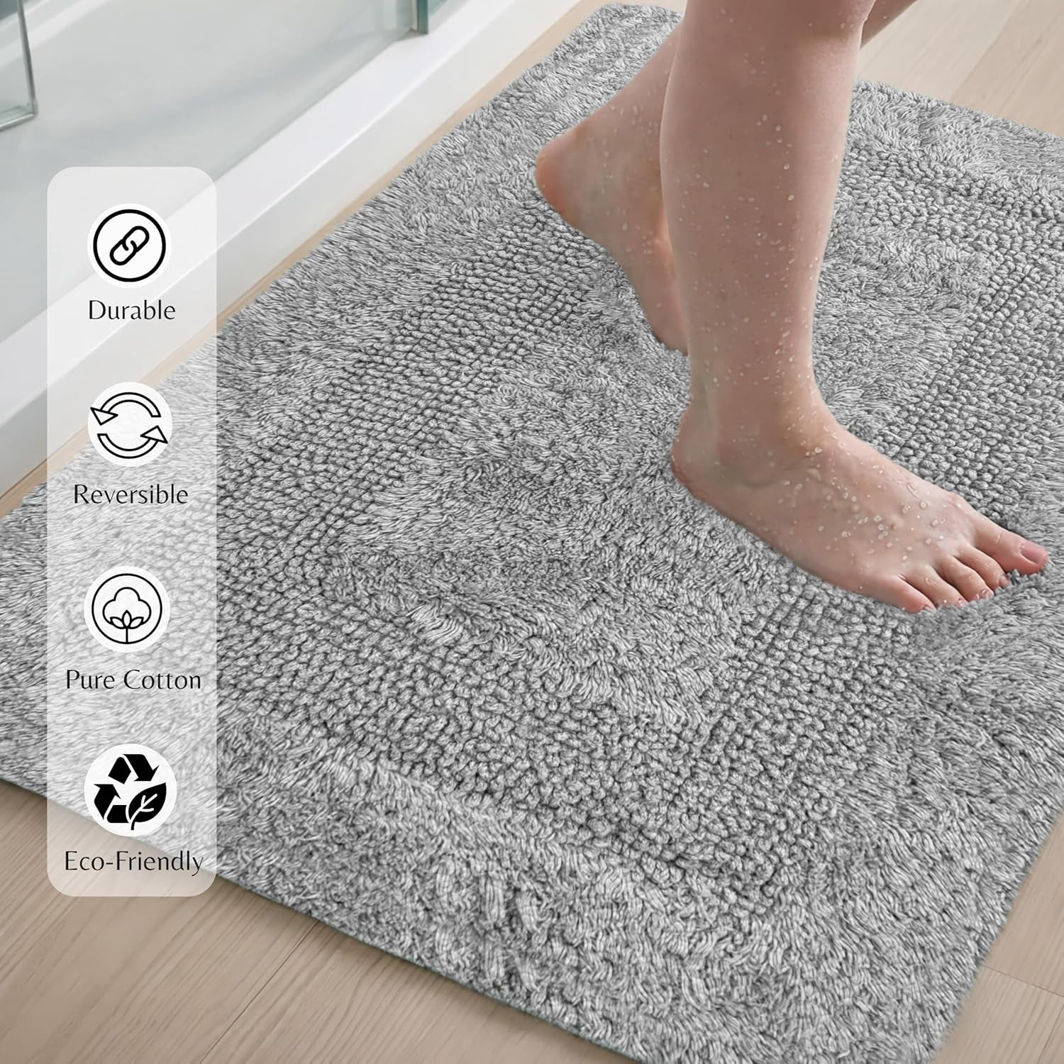 Cotton Reversible Bathmat Rug Set of 2, 21X32/17X24 Inches - Light Grey, Luxury Dual Flip Ultra Soft Washable Bath Rugs Ideal for Hotel Quality, Spa Style, Toilet | Fast Drying Thick Mat for Bathroom