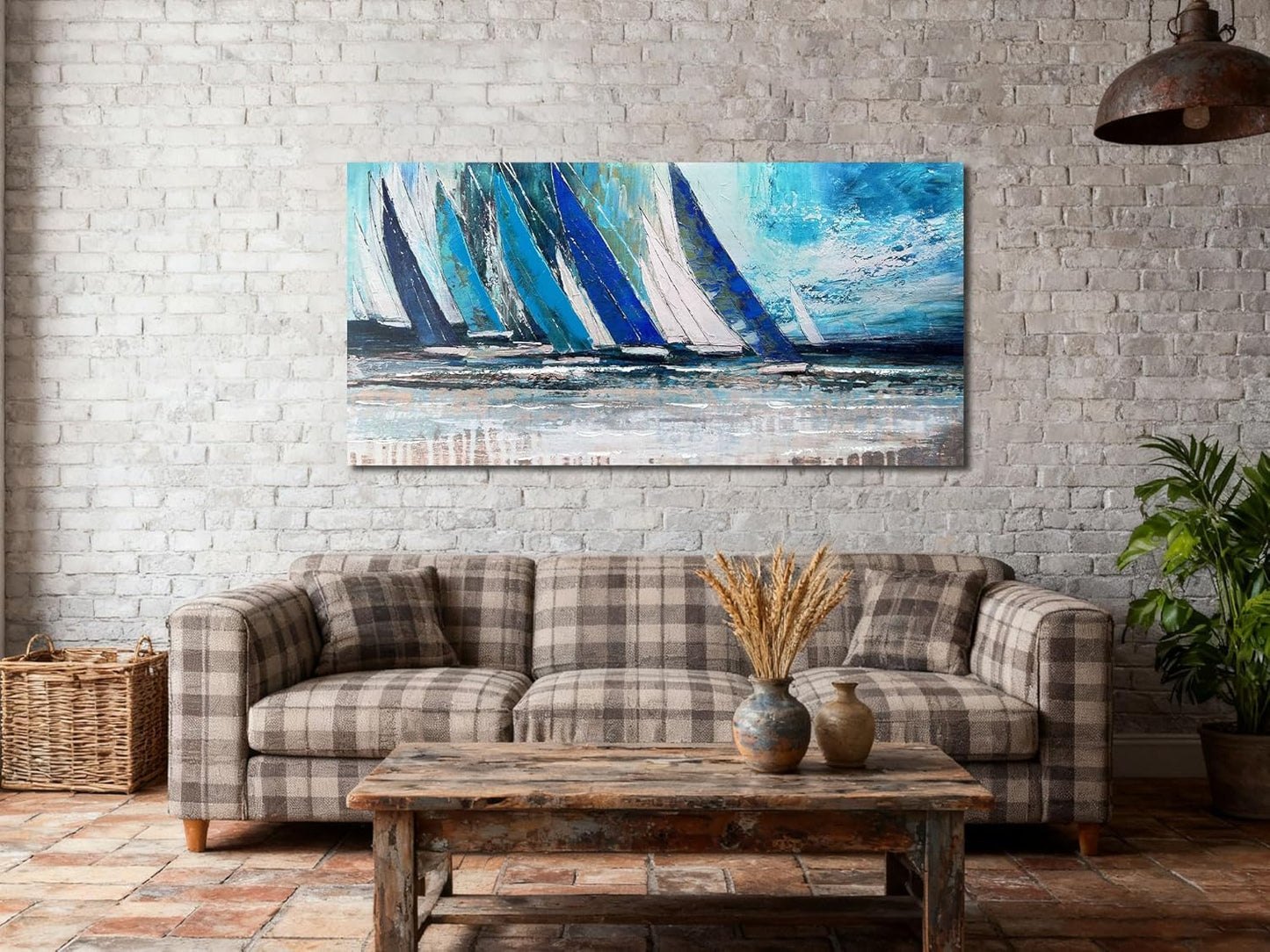 Blue Abstract Wall Art Canvas for Living Room, Nautical Art Wall Decor Teal Sailboat Textured Bedroom Picture Modern Coastal Painting Large Framed Artwork Home Office 48"X24"