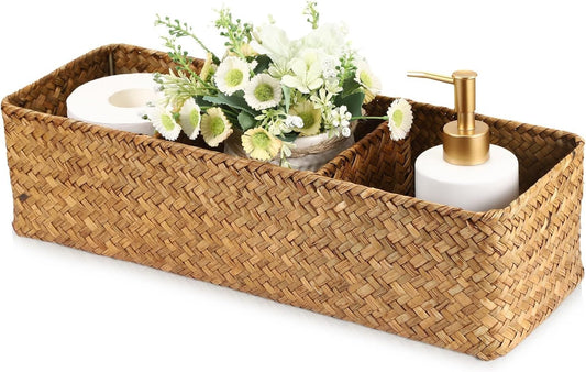 Seagrass Shelf Basket with Dividers, Rectangular Woven Storage Baskets for Or...