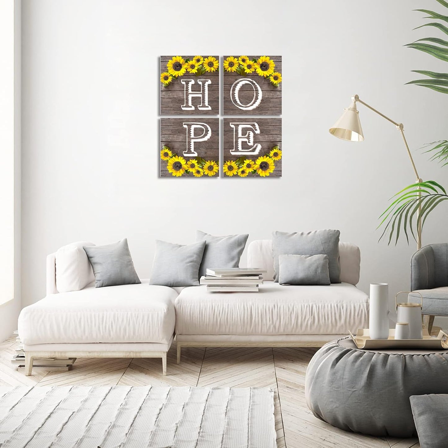 Hope Sign Sunflower Wall Art for Living Room Bathroom Decor Wall Art Set, Kitchen Wall Art Farmhouse Wall Art, 4 Piece Motivational Canvas Wall Art Prints Pictures for Bedroom Wall Decor