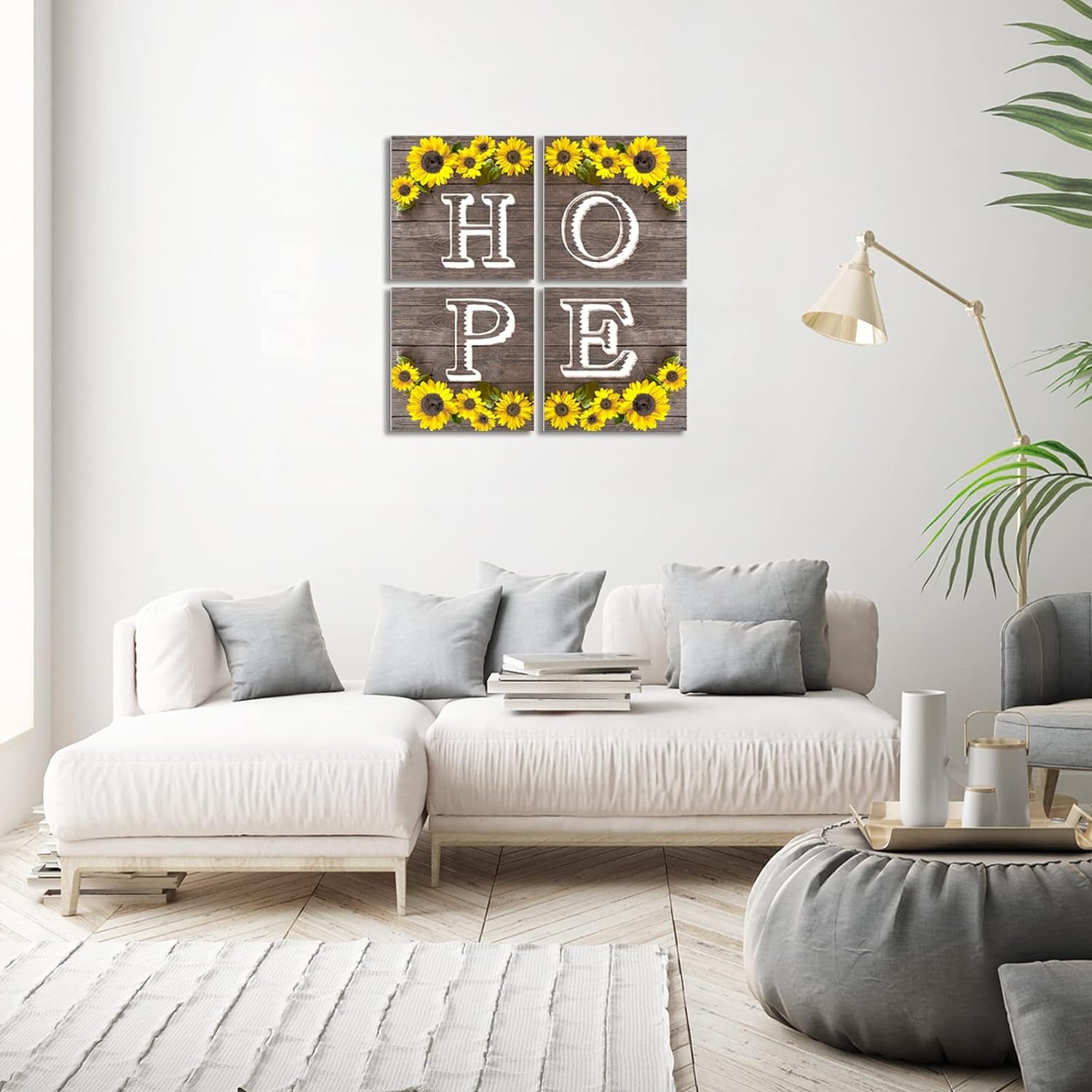 Hope Sign Sunflower Wall Art for Living Room Bathroom Decor Wall Art Set, Kitchen Wall Art Farmhouse Wall Art, 4 Piece Motivational Canvas Wall Art Prints Pictures for Bedroom Wall Decor