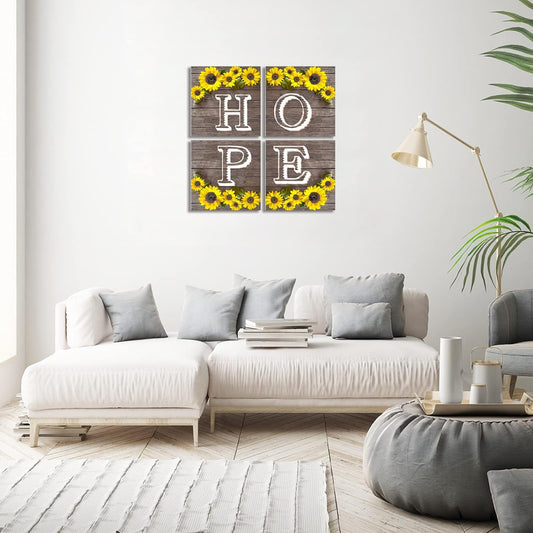 Hope Sign Sunflower Wall Art for Living Room Bathroom Decor Wall Art Set, Kitchen Wall Art Farmhouse Wall Art, 4 Piece Motivational Canvas Wall Art Prints Pictures for Bedroom Wall Decor