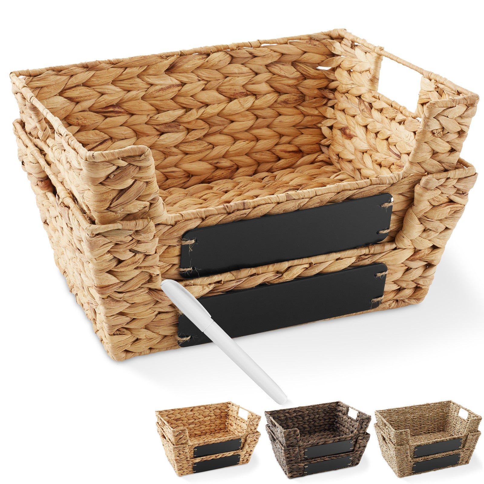 2Pk Wide Pantry Baskets, Wicker Hyacinth Seagrass Kitchen Shelf Storage Bins