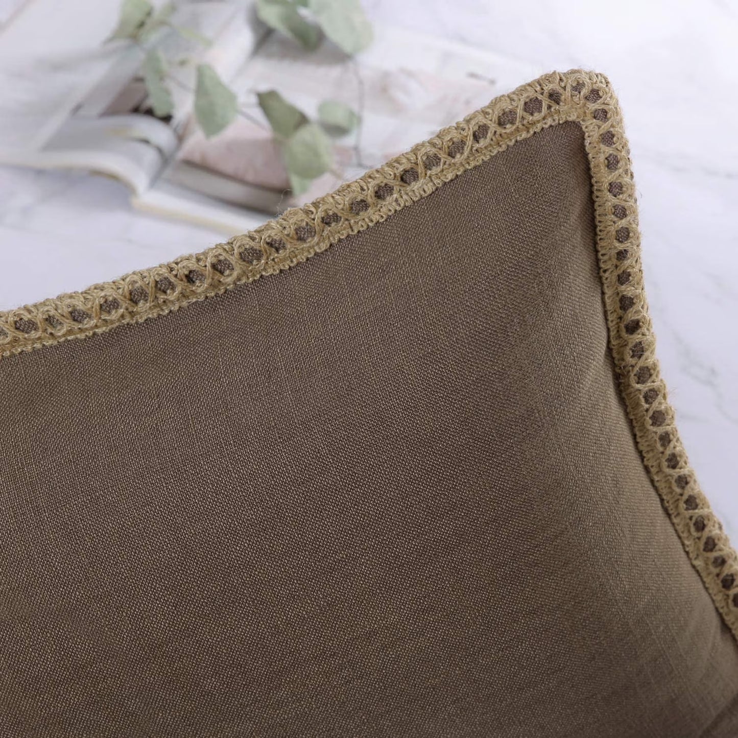 Linen Trimmed Farmhouse Series Decorative Throw Pillow, 20" X 20", Brown, 1 Pack